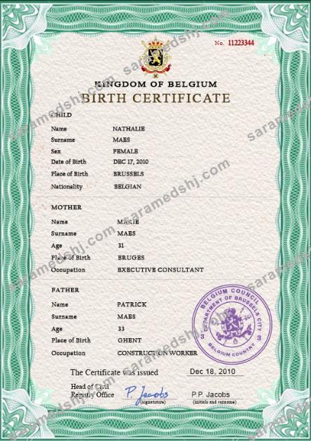 Belgium vital record birth certificate PSD template